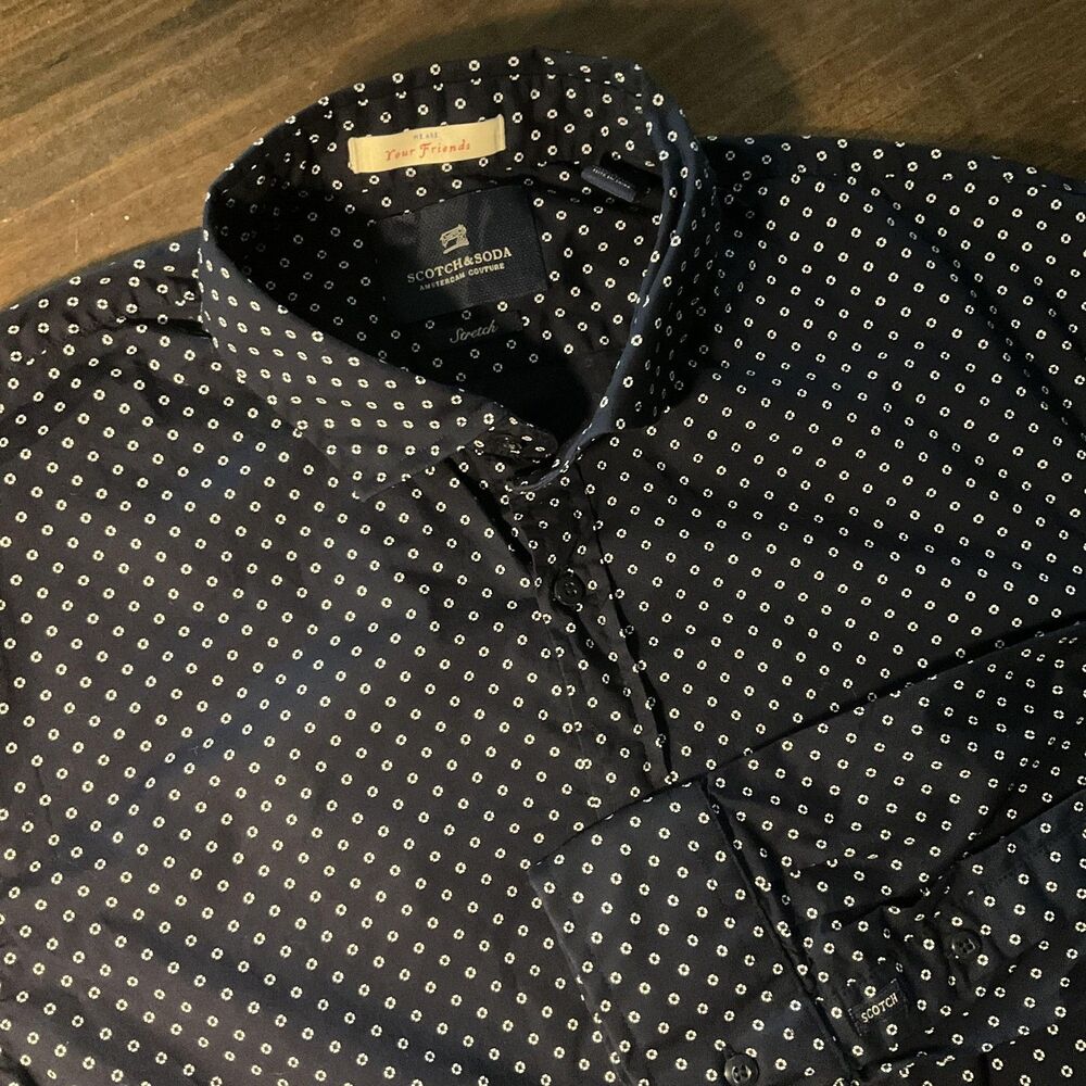 Scotch & Soda Shirt Mens Large Blue Polka Dot Long Sleeve Button Front Stretch